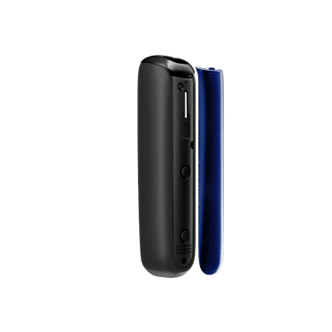 Vista lateral do painel frontal Navy Blue padrão brilhante, separado do dispositivo Ploom AURA