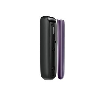 Vista lateral do painel frontal Lavender para Ploom AURA, separado do dispositivo.