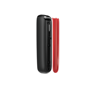 Vista lateral do painel frontal Lava Red para Ploom AURA, separado do dispositivo.
