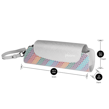 Vista lateral de um Estojo Individual em tecido multicolorido e couro Silver com o dispositivo Ploom AURA